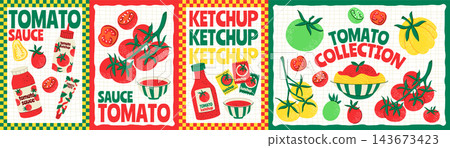 Tomato poster. Red ketchup card. Sauce for Mediterranean food. Sliced ripe cherry, paste on print. Green yellow varieties of harvest. Vertical banner design. Vector cartoon flat isolated illustration 143673423