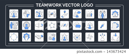 Teamwork icon. Business leader signs. Corporate logo. Goal management. Organizational project. Career design. Office collaboration sign. Blue line graphics. Vector flat style isolated illustration set Teamwork icon. Business leader signs. Corporate logo. Goal management. Organizational project. Career design. Office collaboration sign. Blue line graphics. Vector flat style isolated illustration set 143673424