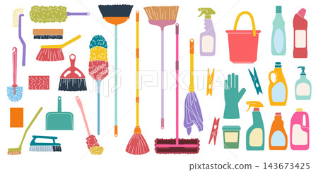 Cleaning supply. Housekeeping product, household tools. Detergent, soap, spray bottle. Brush with mop. Wash tool for home. Hygiene disinfectant equipment vector cartoon flat style isolated minimal set Cleaning supply. Housekeeping product, household tools. Detergent, soap, spray bottle. Brush with mop. Wash tool for home. Hygiene disinfectant equipment vector cartoon flat style isolated minimal set 143673425