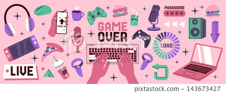 Game sticker. Icon gamer. Streamer in electronic game. Arcade on computer. Joystick of laptop stickers. Console with microphone, keyboard with hands. Vector cartoon flat style isolated illustration Game sticker. Icon gamer. Streamer in electronic game. Arcade on computer. Joystick of laptop stickers. Console with microphone, keyboard with hands. Vector cartoon flat style isolated illustration 143673427