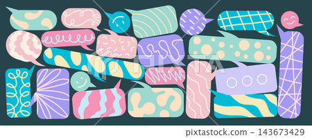Colourful dialogue. Speech bubble. Doodle message, abstract chatting. Playful texture, cartoon idea communication talk, question. Conversation symbol. Vector cartoon flat style isolated illustration 143673429
