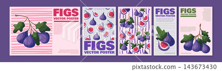 Fig label. Summer food. Logo of sliced date. Organic fruit, Adams leaf. Tropical texture of ripe fig. Floral garden plant. Sycamore nature. Decorative packaging posters. Vector garish print collection 143673430
