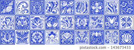 Gzhel ornament on tile. Floral decorative frame, classic design. Shape of calligraphy. Victorian blue decoration. Vintage flourish. Traditional cobalt ceramic motif, square panel vector garish pattern Gzhel ornament on tile. Floral decorative frame, classic design. Shape of calligraphy. Victorian blue decoration. Vintage flourish. Traditional cobalt ceramic motif, square panel vector garish pattern 143673433