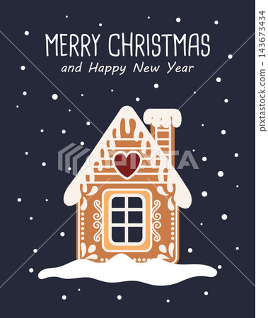 Christmas card with cute gingerbread house and snowflakes. Festive illustration. 143673434