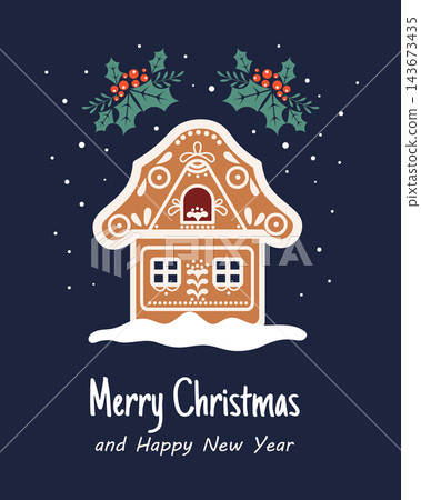 Christmas card with cute gingerbread house, holly berries and snowflakes. Festive illustration. 143673435