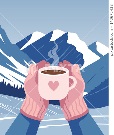 Hands in mittens holding a hot drink against a backdrop of snowy mountains. Winter poster. Illustration for winter greeting cards, banners. Hands in mittens holding a hot drink against a backdrop of snowy mountains. Winter poster. Illustration for winter greeting cards, banners. 143673438