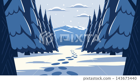 Winter mountain landscape with road, footprints in snow and pine trees. Blue color Illustration. 143673440