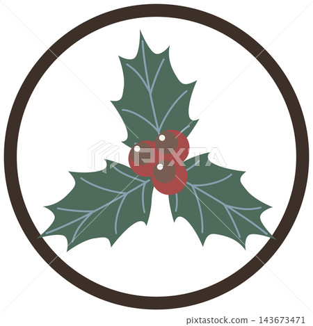 Colorful holly icon illustration enclosed in a circle / Circular frame material with green leaves and red berries Colorful holly icon illustration enclosed in a circle / Circular frame material with green leaves and red berries 143673471