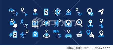 Icon location. Pin on map. Navigate geo pointer. GPS marker place, address. Symbol direction, search arrow. Route travel. Digital sign for transportation tracking and destination finding. Vector set 143673567