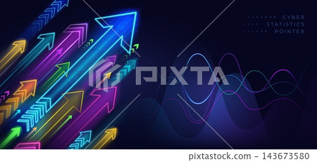 Data arrow banner. Futuristic analytics diagram. Glowing neon chart in stream. Digital circuit tech light flow. Cyber statistics pointer. Abstract financial trend, horizontal background. Vector poster Data arrow banner. Futuristic analytics diagram. Glowing neon chart in stream. Digital circuit tech light flow. Cyber statistics pointer. Abstract financial trend, horizontal background. Vector poster 143673580