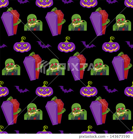 Black Halloween seamless pattern with zombie, purple coffins and bats Black Halloween seamless pattern with zombie, purple coffins and bats 143673590