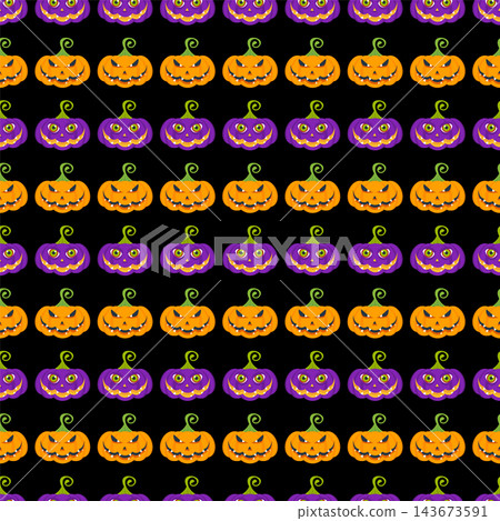 Black Halloween seamless pattern with orange and purple jack o lantern rows 143673591