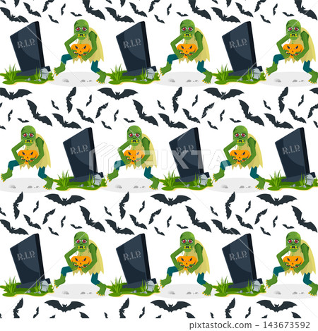 Halloween seamless pattern with zombie holding pumpkin and RIP tombstone Halloween seamless pattern with zombie holding pumpkin and RIP tombstone 143673592