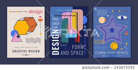 Abstract geometry poster. Minimal cover mockup, creative contemporary composition. Simple elements typography, modern banner colorful geometric graphics for print design. Vector isolated illustration Abstract geometry poster. Minimal cover mockup, creative contemporary composition. Simple elements typography, modern banner colorful geometric graphics for print design. Vector isolated illustration 143673593