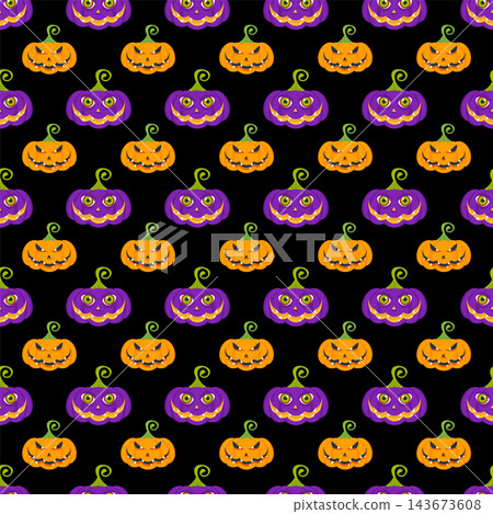 Black Halloween seamless pattern with orange and purple jack o lanterns Black Halloween seamless pattern with orange and purple jack o lanterns 143673608