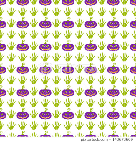 White Halloween seamless pattern with purple pumpkins and green monster hands White Halloween seamless pattern with purple pumpkins and green monster hands 143673609
