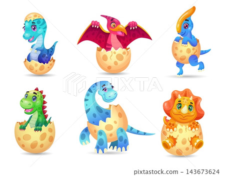 Dinosaur baby. Cute hatching egg with broken shell, colorful cartoon newborn dino characters in sweet poses. Prehistoric reptile from eggshells, friendly fantasy creature. Vector isolated illustration Dinosaur baby. Cute hatching egg with broken shell, colorful cartoon newborn dino characters in sweet poses. Prehistoric reptile from eggshells, friendly fantasy creature. Vector isolated illustration 143673624
