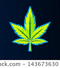 Stylized cannabis leaf illustration with bright lime and cyan outline centered on dark blue gradient background, high-contrast symmetrical composition, isolated single leaf graphic 143673630