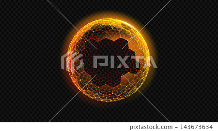 Golden shield dome with hexagon honeycomb neon light protection. 3D tech global background with glowing gold lines and globe. Futuristic AI security concept with luminous hexagonal grid pattern. Golden shield dome with hexagon honeycomb neon light protection. 3D tech global background with glowing gold lines and globe. Futuristic AI security concept with luminous hexagonal grid pattern. 143673634