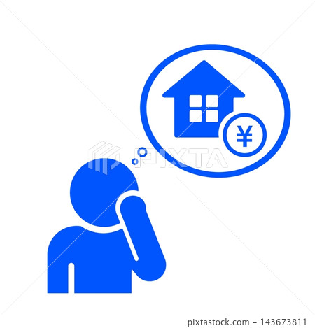 A pictogram (blue) of a person worried about the cost of buying a house. A pictogram (blue) of a person worried about the cost of buying a house. 143673811