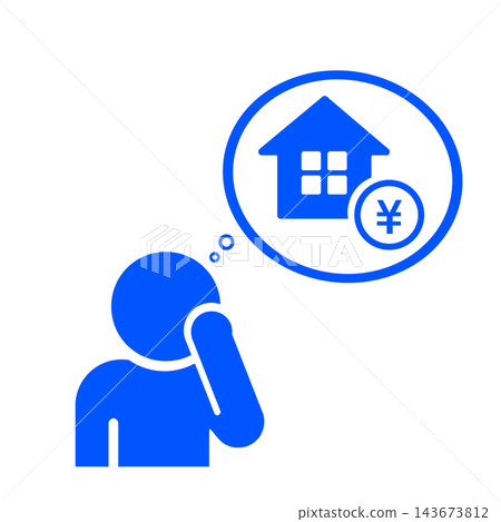 A pictogram (blue) of a person worried about the cost of buying a house. A pictogram (blue) of a person worried about the cost of buying a house. 143673812