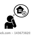 A pictogram (in black) of a person worried about the cost of buying a house. 143673820