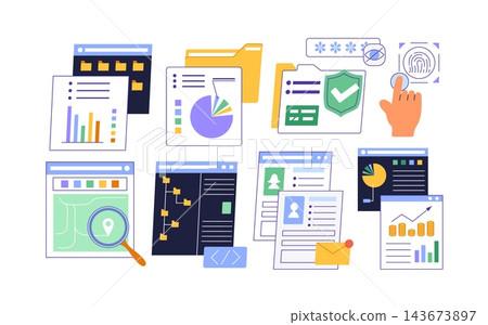 Computer data. Website, cartoon document. Interface, document site. App page on phone. Analysis folder. Icon laptop, technology screen. Digital dashboard, online file management. Vector illustration Computer data. Website, cartoon document. Interface, document site. App page on phone. Analysis folder. Icon laptop, technology screen. Digital dashboard, online file management. Vector illustration 143673897