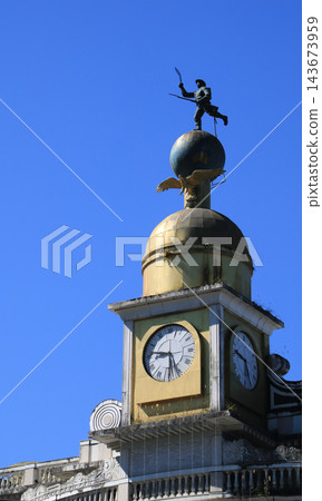 Clock tower with Gorka soldier sculpture on top, Bhanu Bhawan, local government office, Darjeeling, India. Clock tower with Gorka soldier sculpture on top, Bhanu Bhawan, local government office, Darjeeling, India. 143673959