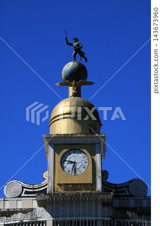 Clock tower with Gorka soldier sculpture on top, Bhanu Bhawan, local government office, Darjeeling, India. Clock tower with Gorka soldier sculpture on top, Bhanu Bhawan, local government office, Darjeeling, India. 143673960
