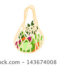 Reusable grocery string shopping bag filled with fresh vegetable isolated on white. Eco friendly mesh bag with healthy food for zero waste concept  143674008
