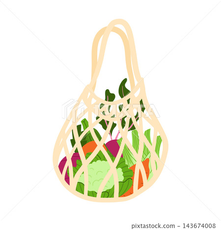 Reusable grocery string shopping bag filled with fresh vegetable isolated on white. Eco friendly mesh bag with healthy food for zero waste concept  143674008