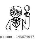 A monochrome line drawing of a businessman in a suit holding a magnifying glass to conduct an investigation, inspection, or analysis. 143674047