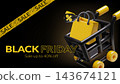 Black Friday shopping banner with black 3D shopping cart yellow shopping bag and discount tag 143674121