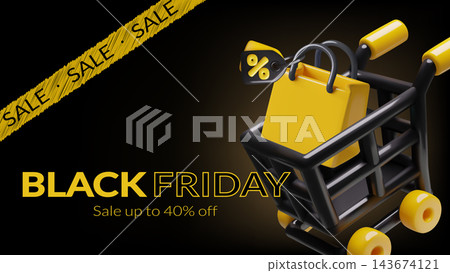 Black Friday shopping banner with black 3D shopping cart yellow shopping bag and discount tag Black Friday shopping banner with black 3D shopping cart yellow shopping bag and discount tag 143674121