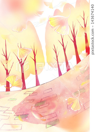 Ginkgo leaves fluttering in the background; Ginkgo tree-lined street; Ground; Vertical Ginkgo leaves fluttering in the background; Ginkgo tree-lined street; Ground; Vertical 143674140