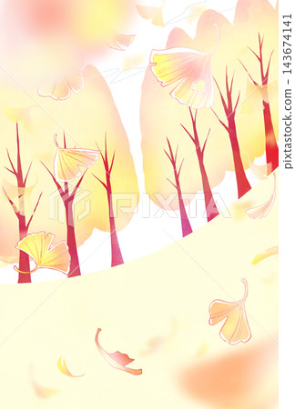 Ginkgo leaves falling in the background; Ginkgo tree-lined street; Carpet; Ground; Vertical Ginkgo leaves falling in the background; Ginkgo tree-lined street; Carpet; Ground; Vertical 143674141