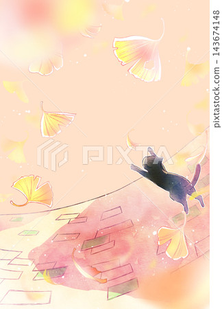 Ginkgo leaves falling in the background, ground, cat, vertical format. Ginkgo leaves falling in the background, ground, cat, vertical format. 143674148