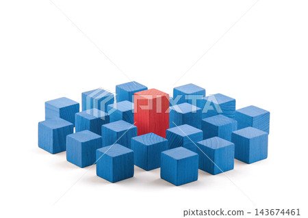 One red different higher cube block among blue wooden blocks isolated on white with clipping path. Leadership concept. One red different higher cube block among blue wooden blocks isolated on white with clipping path. Leadership concept. 143674461