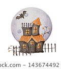Spooky Cute Haunted Halloween House with Orange Roof, Glowing Windows, Flying Bat and Iron Fence on a moon background. Watercolor Illustration. 143674492