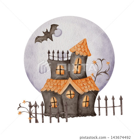 Spooky Cute Haunted Halloween House with Orange Roof, Glowing Windows, Flying Bat and Iron Fence on a moon background. Watercolor Illustration. Spooky Cute Haunted Halloween House with Orange Roof, Glowing Windows, Flying Bat and Iron Fence on a moon background. Watercolor Illustration. 143674492