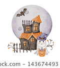 Cute Halloween Ghost Wearing Purple Witch Hat with Candy Pumpkin Bucket in Front of Haunted House, Whimsical Watercolor Illustration 143674493