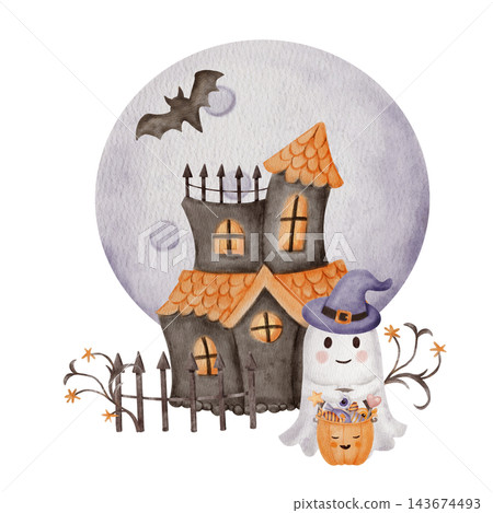 Cute Halloween Ghost Wearing Purple Witch Hat with Candy Pumpkin Bucket in Front of Haunted House, Whimsical Watercolor Illustration 143674493