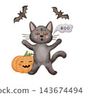Cute Black Halloween mummy Cat Saying Boo with Orange Pumpkin and Flying Bats, Funny Watercolor Illustration for Kids Halloween Party 143674494