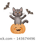 Cute Gray Halloween mummy Cat Popping Out of Smiling Orange Jack O Lantern Pumpkin with Flying Bats, Whimsical Watercolor Illustration 143674496