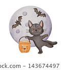 Cute Black Halloween mummy Cat Holding Orange Pumpkin Candy Bucket on a moon background with Flying Bats. Playful Watercolor Trick or Treat Illustration for Kids 143674497