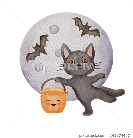 Cute Black Halloween mummy Cat Holding Orange Pumpkin Candy Bucket on a moon background with Flying Bats. Playful Watercolor Trick or Treat Illustration for Kids Cute Black Halloween mummy Cat Holding Orange Pumpkin Candy Bucket on a moon background with Flying Bats. Playful Watercolor Trick or Treat Illustration for Kids 143674497