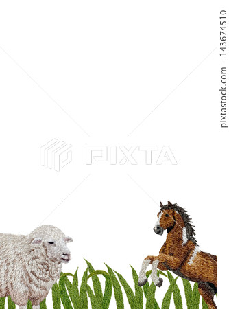 [Vertical frame of sheep, horses, and grassland] Hand-embroidered illustration material 143674510