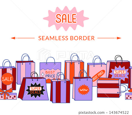 Shopping bags vector seamless border. Divider frame with vibrant paper bags with sale badges isolated on white background. Retail discount promotion design for Black Friday marketing campaign Shopping bags vector seamless border. Divider frame with vibrant paper bags with sale badges isolated on white background. Retail discount promotion design for Black Friday marketing campaign 143674522