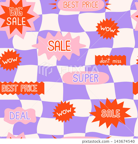 Playful sale badges seamless pattern vector illustration. Bold retail discount promotion repeat tile on wavy checkerboard. Vibrant background print for social media, wrapping paper, Black Friday Playful sale badges seamless pattern vector illustration. Bold retail discount promotion repeat tile on wavy checkerboard. Vibrant background print for social media, wrapping paper, Black Friday 143674540
