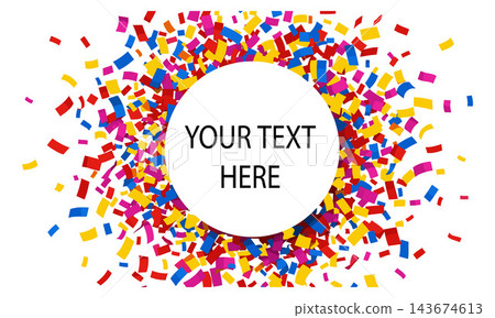 Colorful confetti pattern surrounds a circular text frame on a white background Colorful confetti pattern surrounds a circular text frame on a white background 143674613